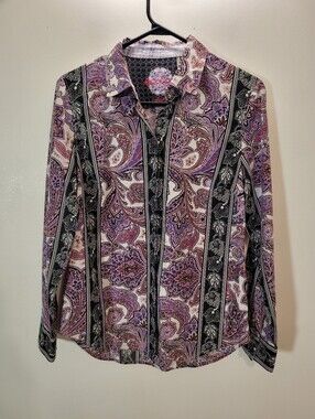 Robert Graham Women's Purple Paisley Black Stripes Button-Down Shirt - Size M